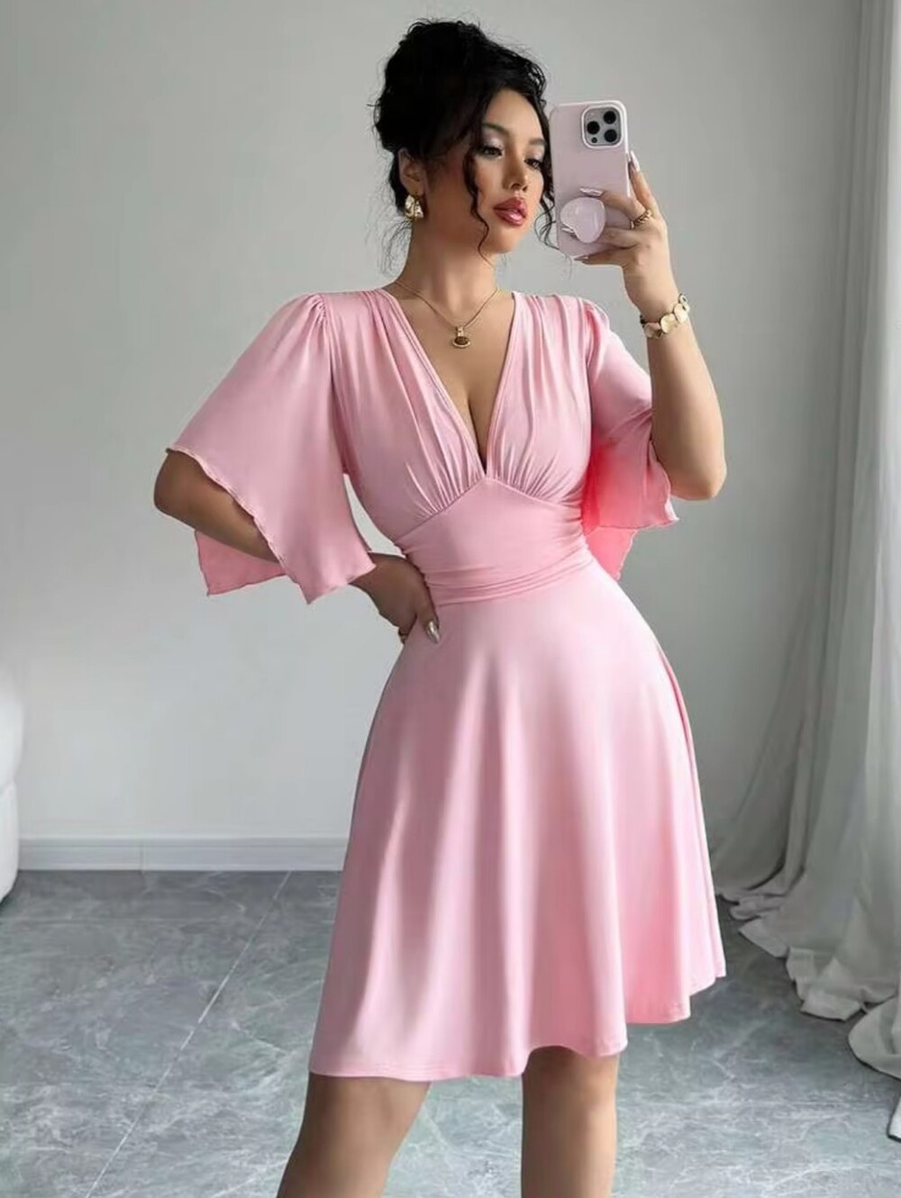 SHEIN Blush Pink Fit & Flare Skater Dress Size Small V-Neck Flutter Sleeve Mini